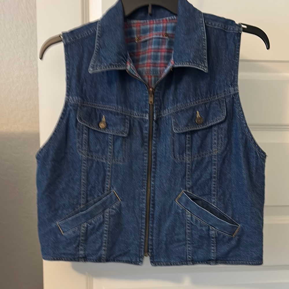 VTG cropped reversible denim jean vest plaid SZ L 100% cotton casual cottagecore - Picture 1 of 12